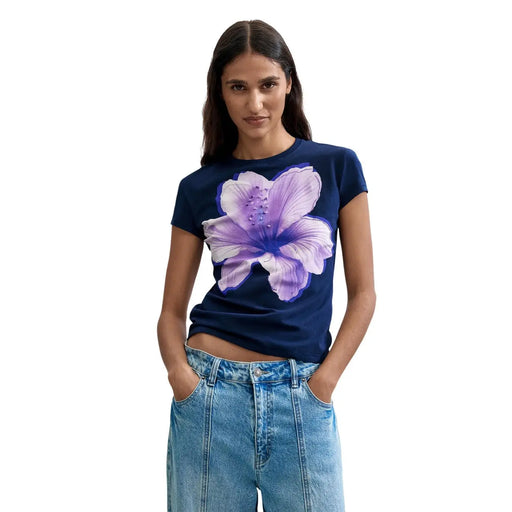 Desigual Damen-T-Shirt aus blauer Baumwolle mit kurzen Ärmeln, Rundhalsausschnitt und leuchtend lila Hibiskusblüten-Print