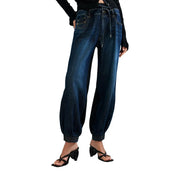 Desigual Damenjeans aus blauem Denim-Mischgewebe mit dunkelblauem, hochgeschnittenem Bund, Kordelzugverschluss und elastischen Bündchen.
