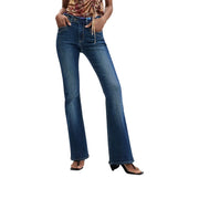 Desigual Damen-Jeans aus blauem Denim mit mittlerer Waschung, Baumwollstretch, ausgestelltem Bein, Fünf-Taschen-Design und dezenter Waschung
