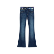 Desigual Damen-Jeans aus blauem Baumwoll-Stretch-Denim mit dunkelblauem Schlag und floral gemustertem Bund