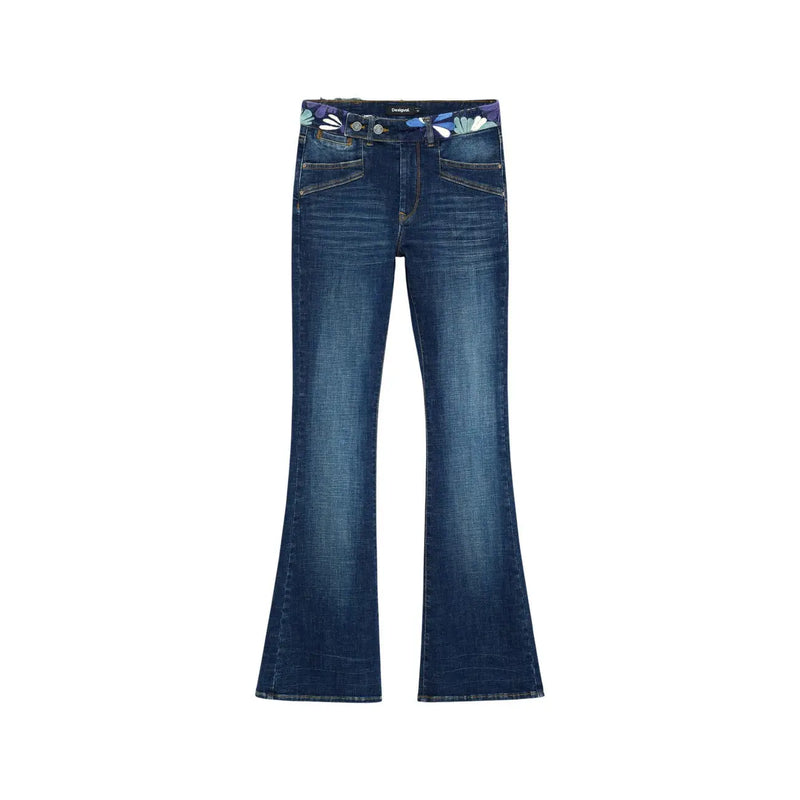Desigual Damen-Jeans aus blauem Baumwoll-Stretch-Denim mit dunkelblauem Schlag und floral gemustertem Bund