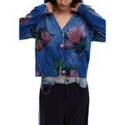 Blue pleated cardigan with vibrant pink and green floral embroidery by Desigual for women with v neck and long sleeves