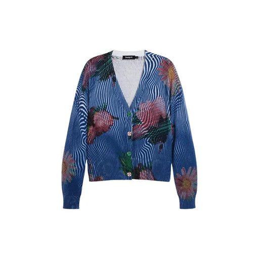 Desigual Damen-Strickjacke in Blau mit Blumenmuster, V-Ausschnitt und Knopfleiste, lebhaftes Strickmuster mit rosa-grünen Blüten