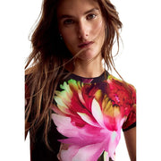 Desigual women blue floral cotton round neck t shirt with vibrant pink red and green petals on black fabric