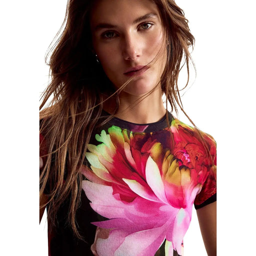 Desigual women blue floral cotton round neck t shirt with vibrant pink red and green petals on black fabric