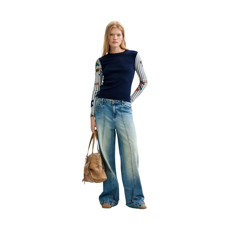Marineblauer Desigual Damen-Strickpullover mit Blumenmuster, langen Ärmeln, Streifen und Stickereien