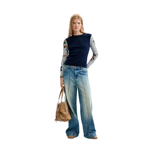 Marineblauer Desigual Damen-Strickpullover mit Blumenmuster, langen Ärmeln, Streifen und Stickereien