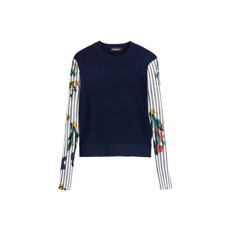 Marineblauer Desigual Damen-Langarmpullover mit gestreiften und geblümten Ärmeln