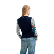 Desigual Damen blauer Strickpullover mit Blumenmuster, marineblau, mehrfarbig gestreift, langärmelig mit grafischem Ärmelmuster