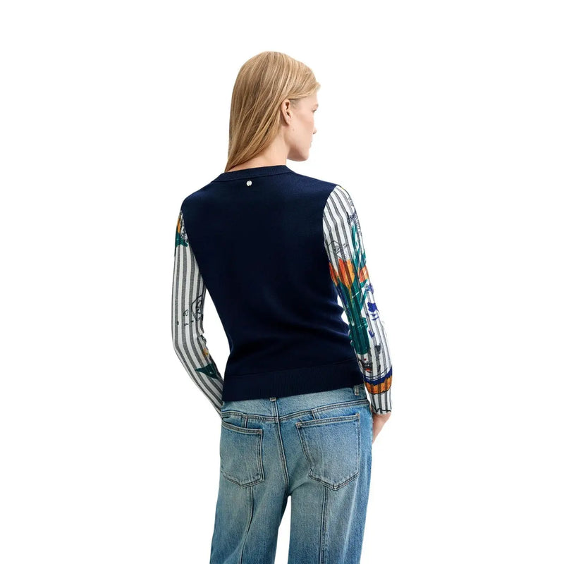 Desigual Damen blauer Strickpullover mit Blumenmuster, marineblau, mehrfarbig gestreift, langärmelig mit grafischem Ärmelmuster