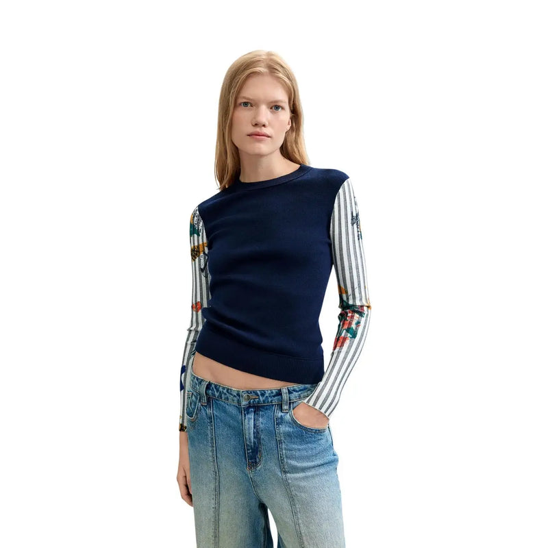 Desigual Damen-Strickpullover in Blau mit Blumenmuster, marineblauen und gestreiften langen Ärmeln aus weichem Strickmaterial