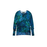 Desigual women blue floral long sleeve round neck knitwear featuring deep blues and teals with aquatic floral print