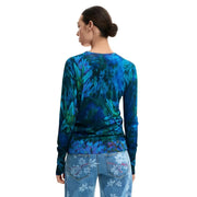 Desigual women blue floral long sleeve round neck knitwear in vibrant blue and teal with leafy tie dye pattern