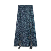 Desigual marineblauer Maxirock aus Lyocell mit Blumenmuster und Rüschensaum mit Fransen.