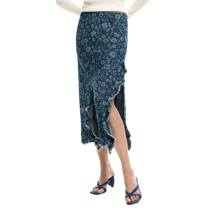 Desigual women blue floral lyocell midi skirt with ruffled asymmetrical hem and frayed edges for spring summer