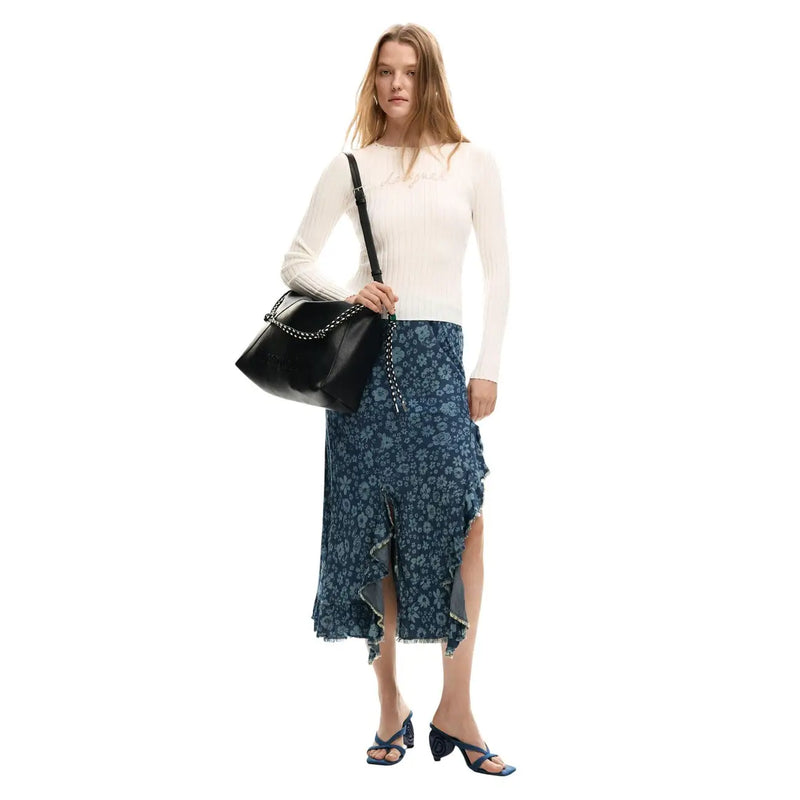 Black leather handbag with silver chain strap and frayed hem detail paired with desigual women blue floral lyocell skirt