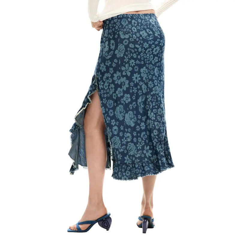 A navy blue lyocell floral midi skirt with a high slit and ruffled hem for spring summer by Desigual women