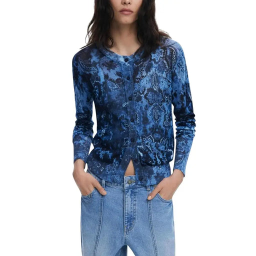Women’s blue tie-dye paisley print long button-up cardigan from Desigual