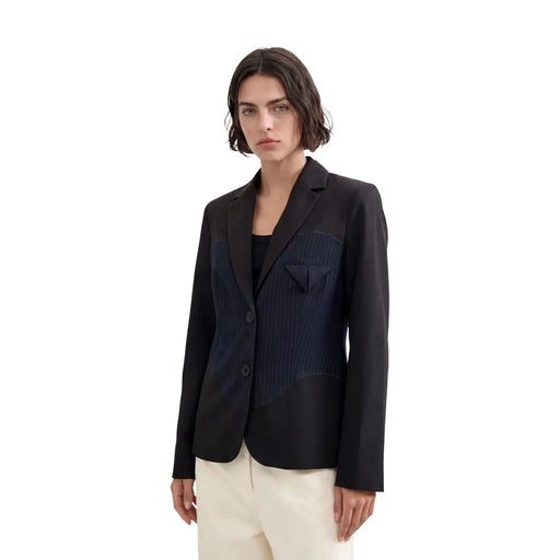 Schwarzer Blazer mit marineblauen Nadelstreifen, strukturiertes, tailliertes Design von Desigual aus Viskosemischgewebe