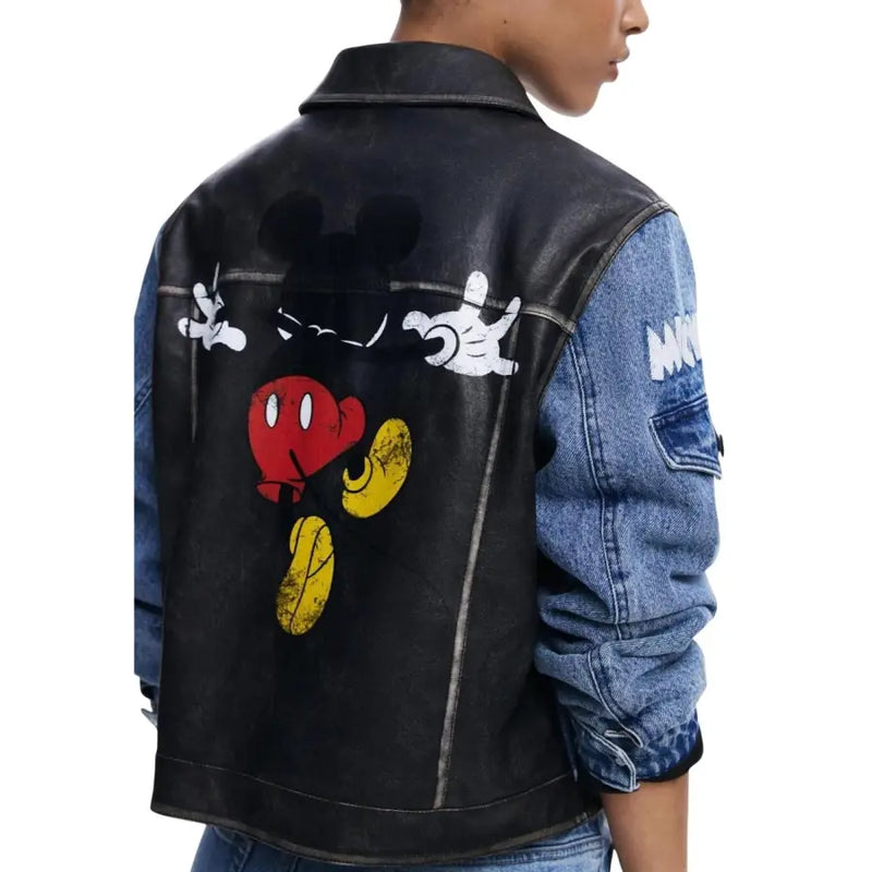 Schwarze Leder- und Jeansjacke mit Mickey-Mouse-Motiv auf dem Rücken für Desigual Damenblazer