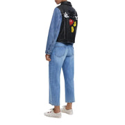 Schwarze Lederjacke und blaue Jeansjacke mit Mickey-Mouse-Motiv auf dem Rücken für Desigual Damenblazer