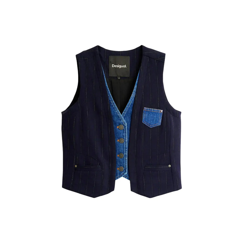 Marineblaue Nadelstreifen-Giletweste für Damen von Desigual mit Denim-Innenfutter und aufwendig gestalteten Taschen