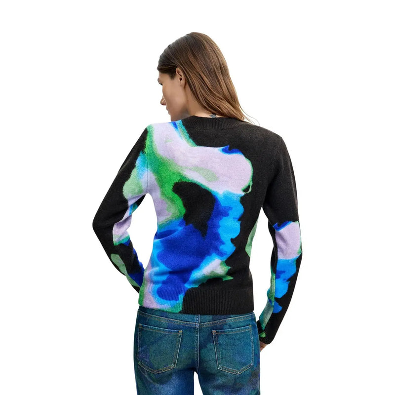 Desigual Damen-Pullover aus schwarzem Acrylmischgewebe in Blau mit schmaler Passform und einem lebhaften, abstrakten Batikmuster in Blaugrün und Lavendel