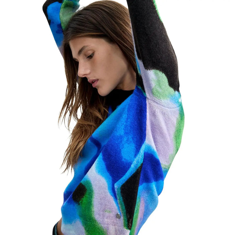 Desigual Damen-Cardigan in Blau, schmal geschnitten, aus Acryl-Mischgewebe mit lebhaften abstrakten Mustern in Blau-, Grün- und Schwarztönen