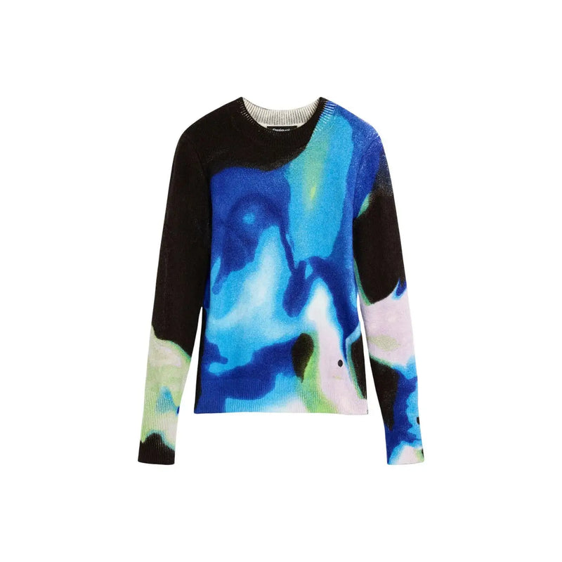 Desigual Damen-Pullover aus Acrylmischgewebe in Blau, schmal geschnitten, mit langen Ärmeln und auffälligem, abstraktem blau-grünem Muster auf schwarzem Grund