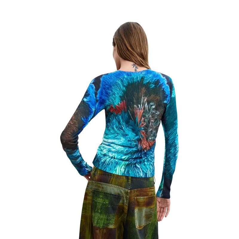 Desigual Damenpullover aus blauer Viskose mit langärmeligem, lebhaftem abstraktem Muster in wirbelnden Blau- und Rottönen