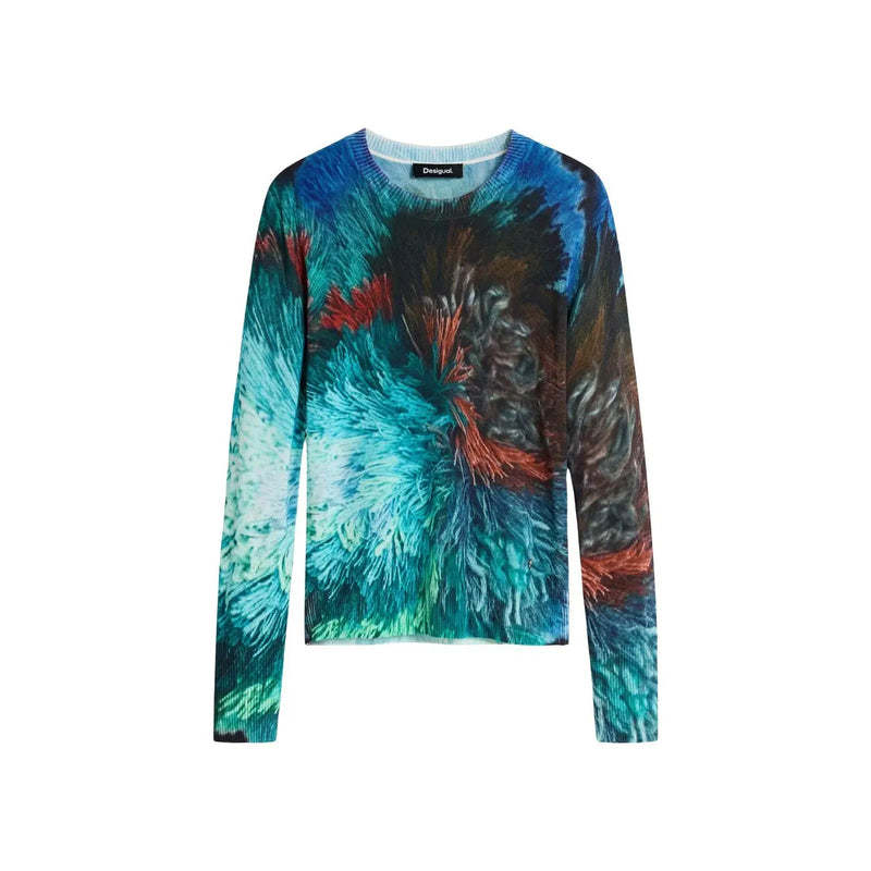 Desigual Damen-Strickpullover aus blauer Viskose mit leuchtenden langen Ärmeln und dynamischem abstraktem Muster in Türkis, Blau, Rot und Schwarz