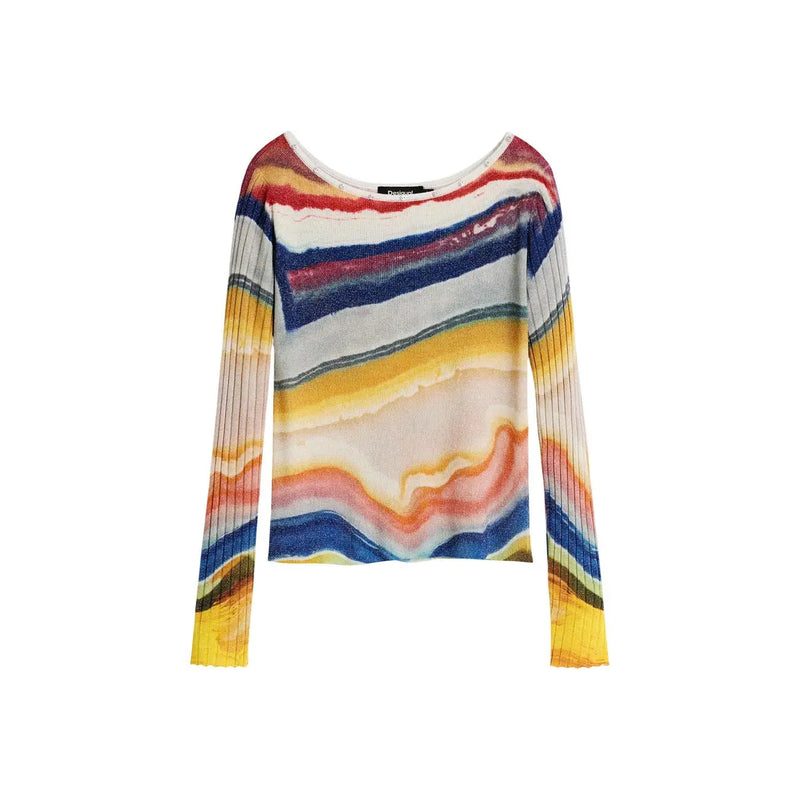 Desigual Damen-Strickpullover aus blauer Viskose mit langen Ärmeln und fließendem, abstraktem Streifenmuster in Rot, Blau, Gelb und Weiß