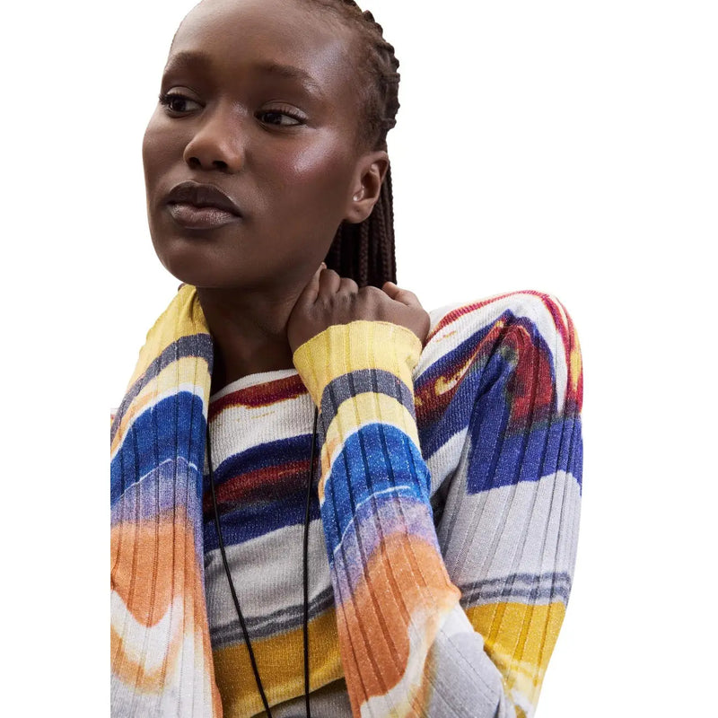 Desigual Damen-Strickpullover aus blauer Viskose in einem lebendigen Rippstrick-Cardigan mit kräftigen gelben, blauen, orangen und weißen horizontalen Streifen