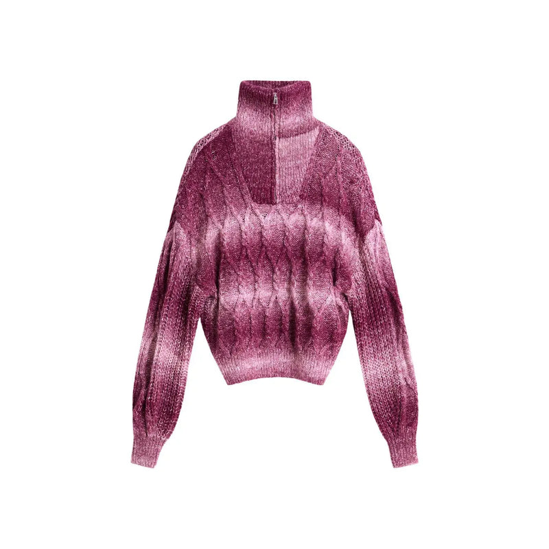 Desigual Damen-Strickpullover aus bordeauxrotem Wollmischgewebe mit Farbverlauf in Rosa, strukturiertem Stoff, hohem Kragen und halbem Reißverschluss