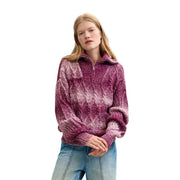 Desigual Damenpullover aus bordeauxrotem Wollmischgewebe mit kuscheligem Zopfmuster in Rosa-Lila-Farbverlauf und halbem Reißverschlusskragen