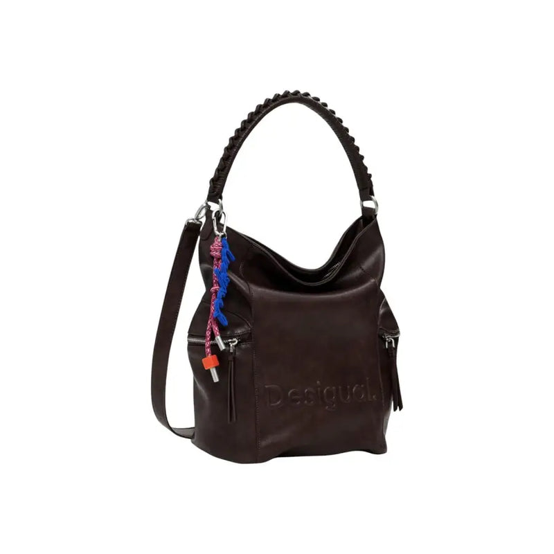Dark brown leather hobo bag with braided handle and colorful tassel charm for Desigual Women handbag