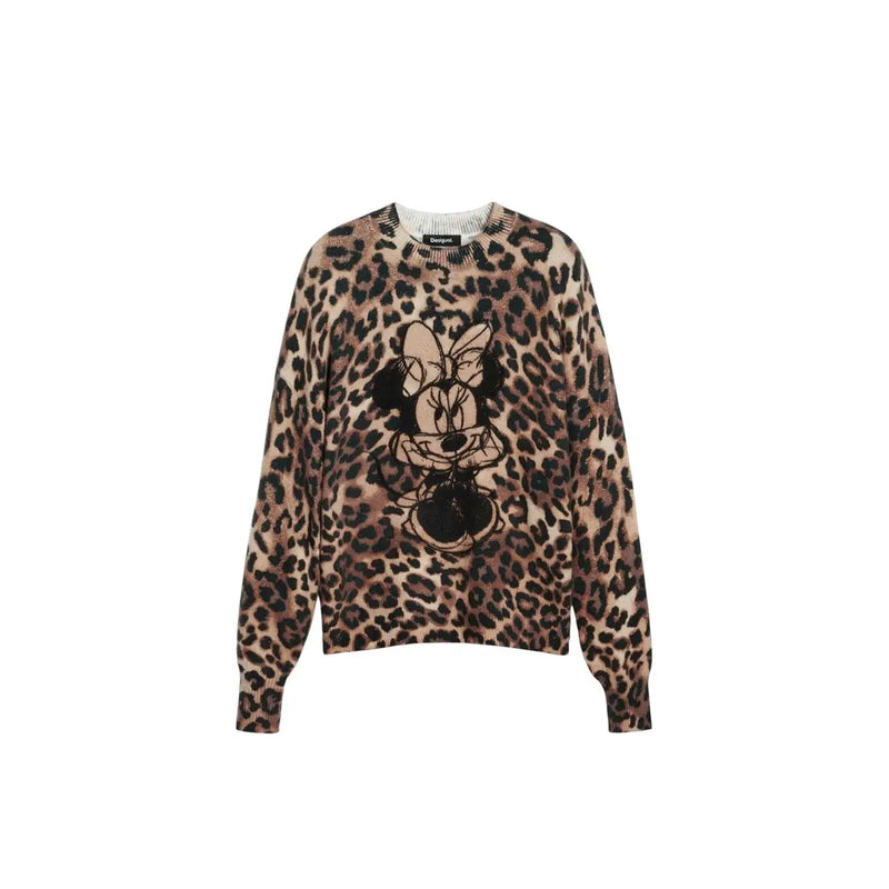 Desigual Damen-Pullover aus braunem Strickgewebe (Acrylmischung) mit Rundhalsausschnitt, Leopardenmuster und schwarzer Minnie-Maus-Stickerei