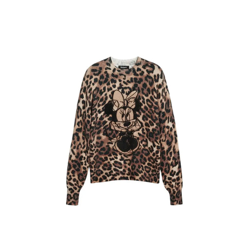 Desigual Damen-Pullover aus braunem Strickgewebe (Acrylmischung) mit Rundhalsausschnitt, Leopardenmuster und schwarzer Minnie-Maus-Stickerei