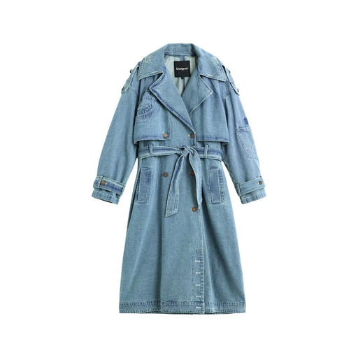 Desigual Damen-Baumwollblazer, blau, mit geknöpfter Tasche, dazu ein Trenchcoat aus hellblauem Denim mit Gürtel in der Taille und doppelreihiger Knopfleiste.