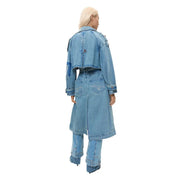 Desigual women cotton blazer in blue with buttoned pocket featuring light-wash denim trench coat patchwork and cropped hem