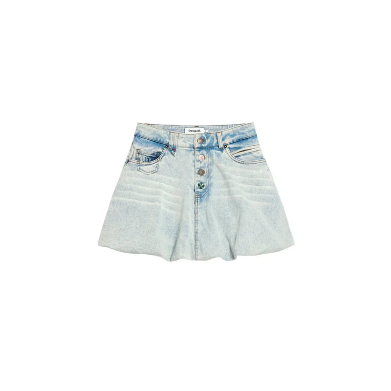 Desigual women cotton denim skirt light blue with front button closure and flared hem in light-wash denim
