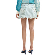 Back view of desigual women cotton denim skirt light blue with flared hem and embroidered back pockets