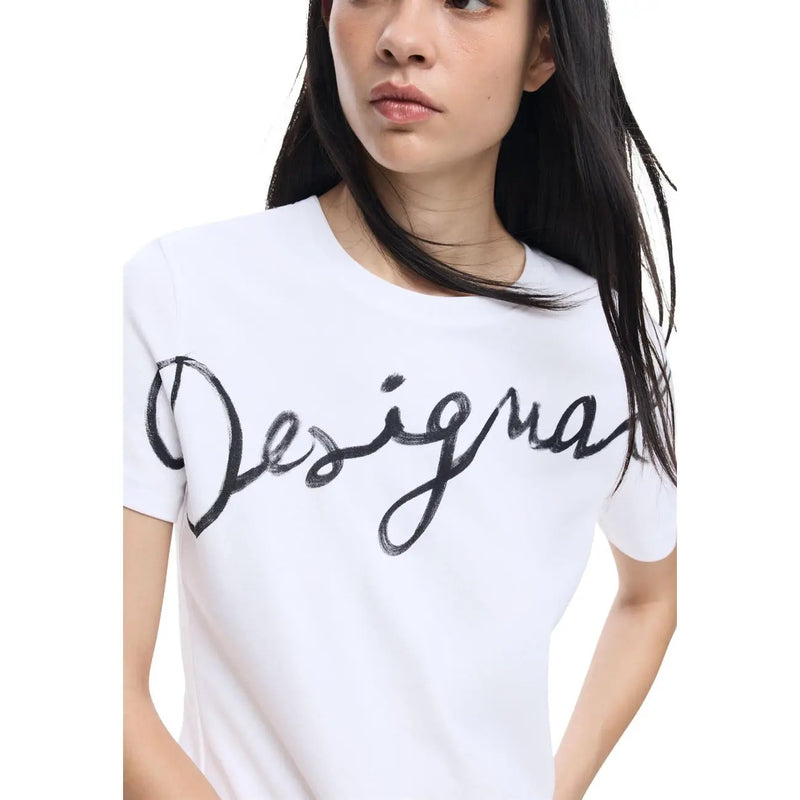 White cotton round neck short sleeve t shirt with bold black cursive designa logo by Desigual women