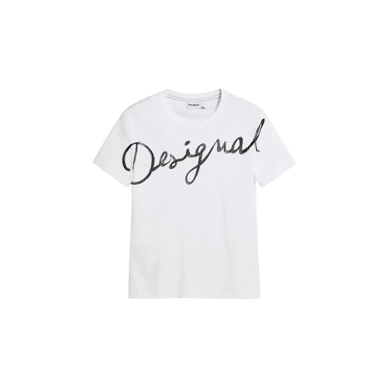 White cotton women round neck short sleeve t shirt with black cursive Desigual logo across the chest