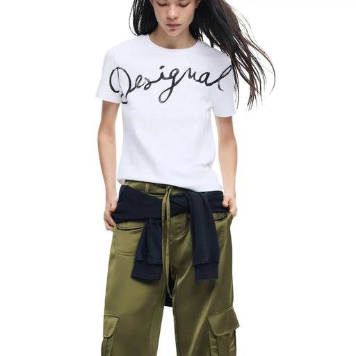 White cotton round neck short sleeve t shirt for women featuring black cursive Desigual logo on the chest
