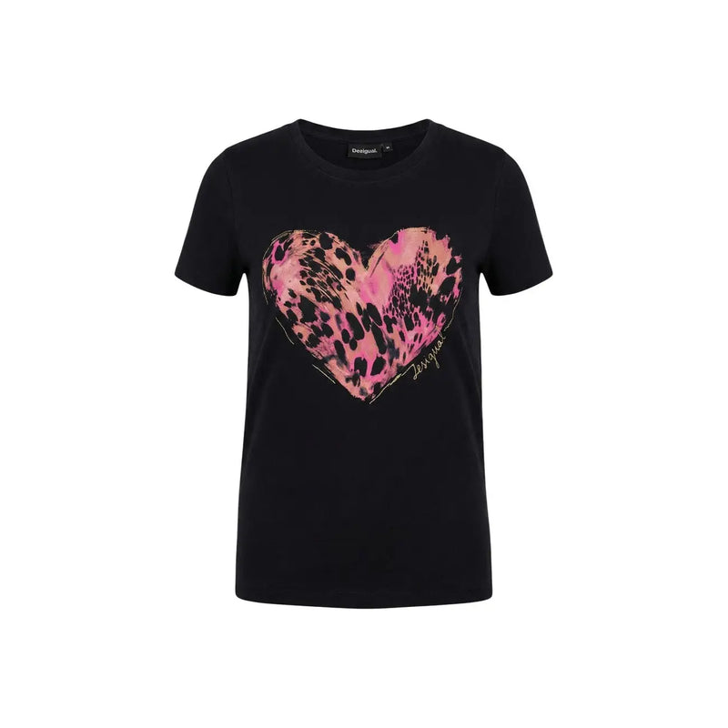 Schwarzes Baumwoll-T-Shirt mit Rundhalsausschnitt für Damen mit pink-schwarzem Leopardenmuster-Herz und Desigual-Logo
