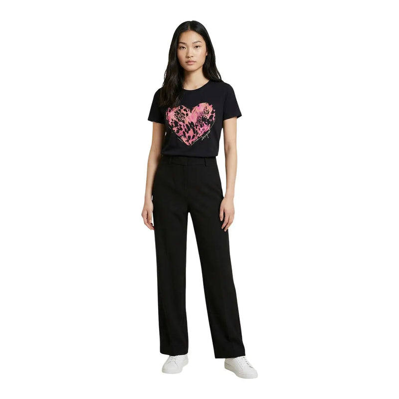 Schwarzes Desigual Damen-T-Shirt aus Baumwolle mit Rundhalsausschnitt und auffälligem pinkfarbenem Leopardenmuster und Herzmotiv auf der Brust