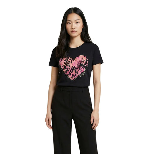 Desigual Damen-Baumwoll-T-Shirt, schwarz, Rundhalsausschnitt, mit auffälligem pinkfarbenem Leopardenmuster und Herzmotiv auf der Vorderseite