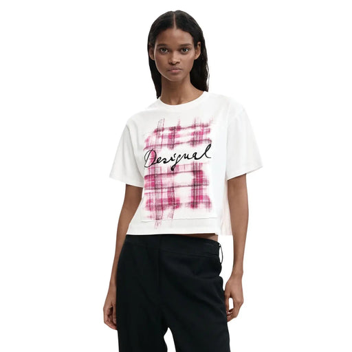 Weißes, kurzes Baumwoll-T-Shirt mit kurzen Ärmeln und rosa-schwarzem Karomuster von Desigual für Damen
