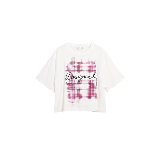 Weißes, übergroßes Baumwoll-T-Shirt mit auffälligem rosa Karomuster und schwarzer Desigual-Schrift auf der Brust